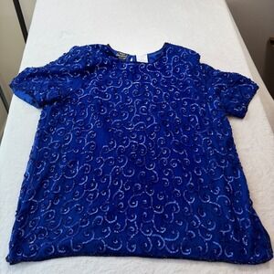 Jean for Joseph Le Bon Sequin Silk Blouse Women 22W Royal Blue Good Vintage 7099